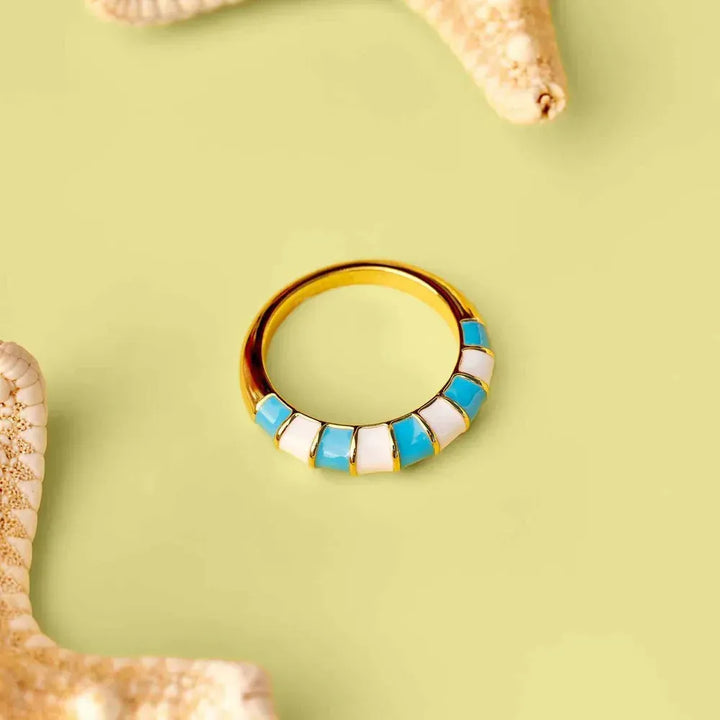 Striped Enamel Gold Ring Blue/White pic 1 | SoHa Surf Shop