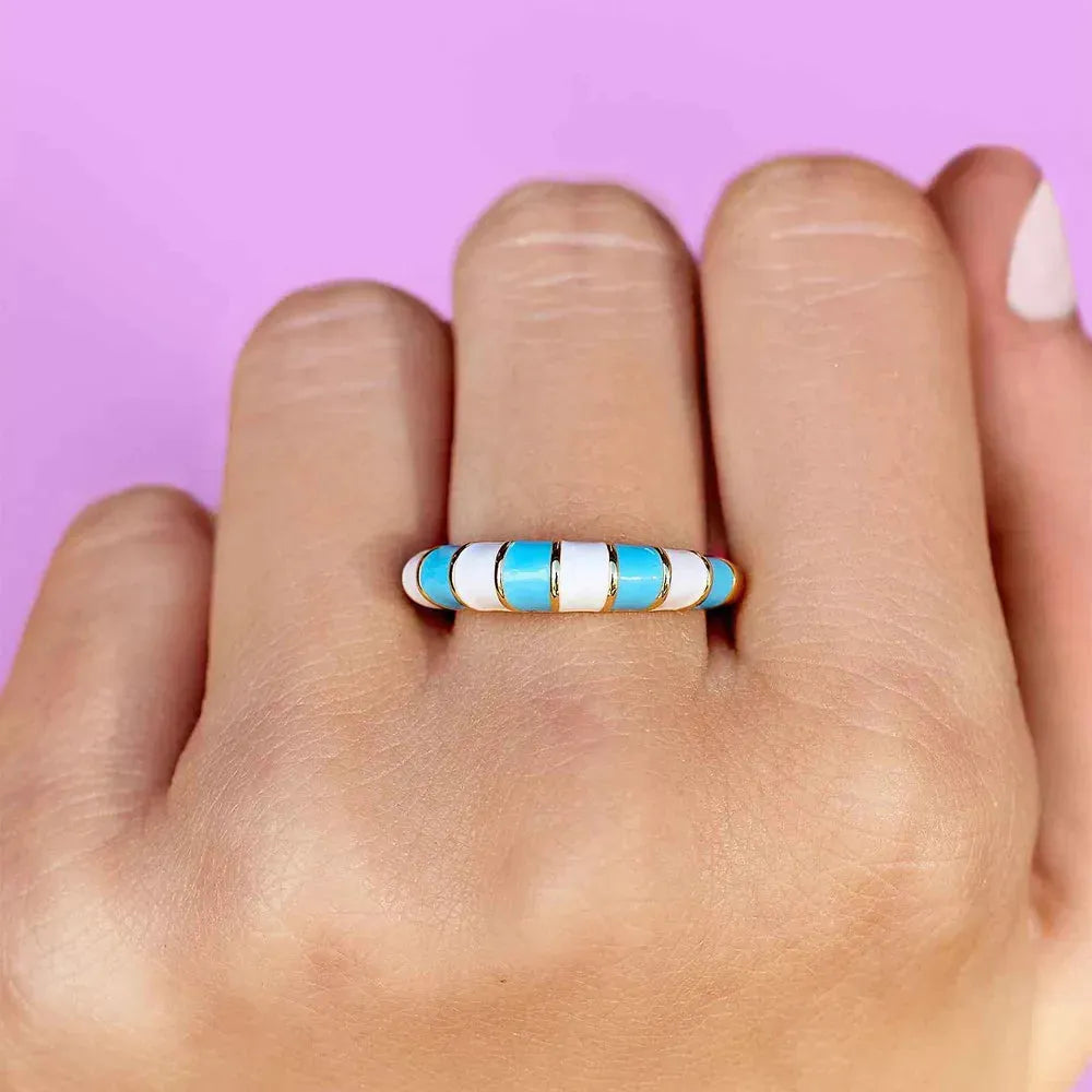 Striped Enamel Gold Ring Blue/White pic 2 | SoHa Surf Shop