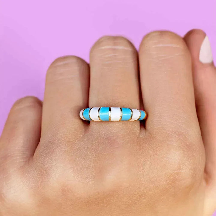 Striped Enamel Gold Ring Blue/White pic 2 | SoHa Surf Shop