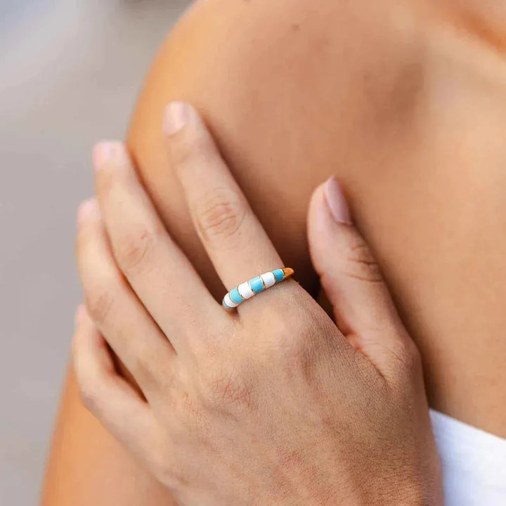 Striped Enamel Gold Ring Blue/White pic 3 | SoHa Surf Shop
