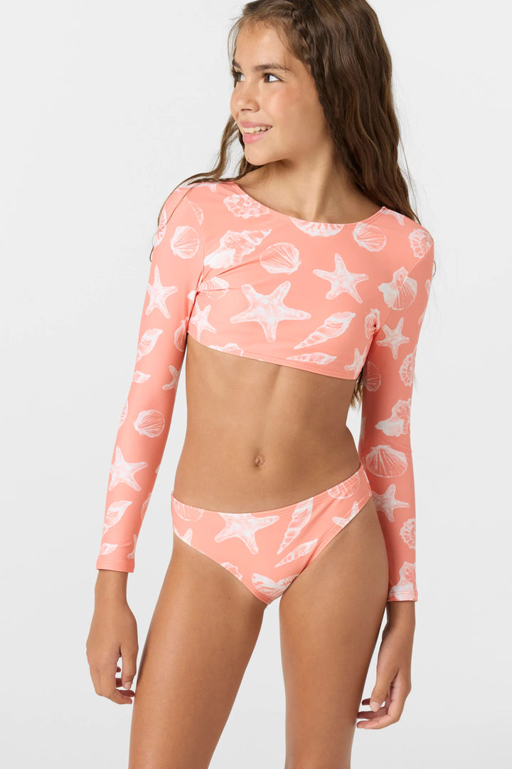 Oneill Girls Sandy Seashells Ls Crop Top Set - Hot Coral 3