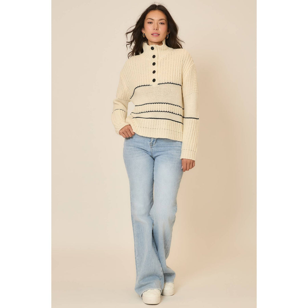 Button Up Knit Sweater with Contrast Stripes Cream4