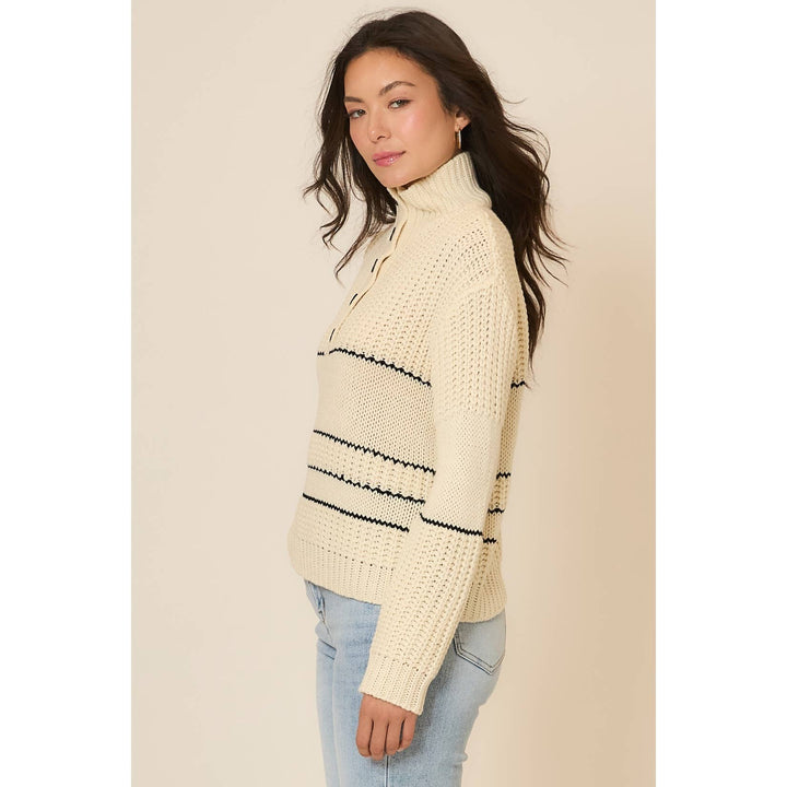 Button Up Knit Sweater with Contrast Stripes Cream2