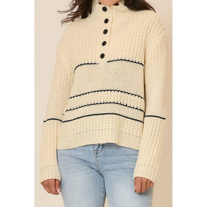 Button Up Knit Sweater with Contrast Stripes Cream1