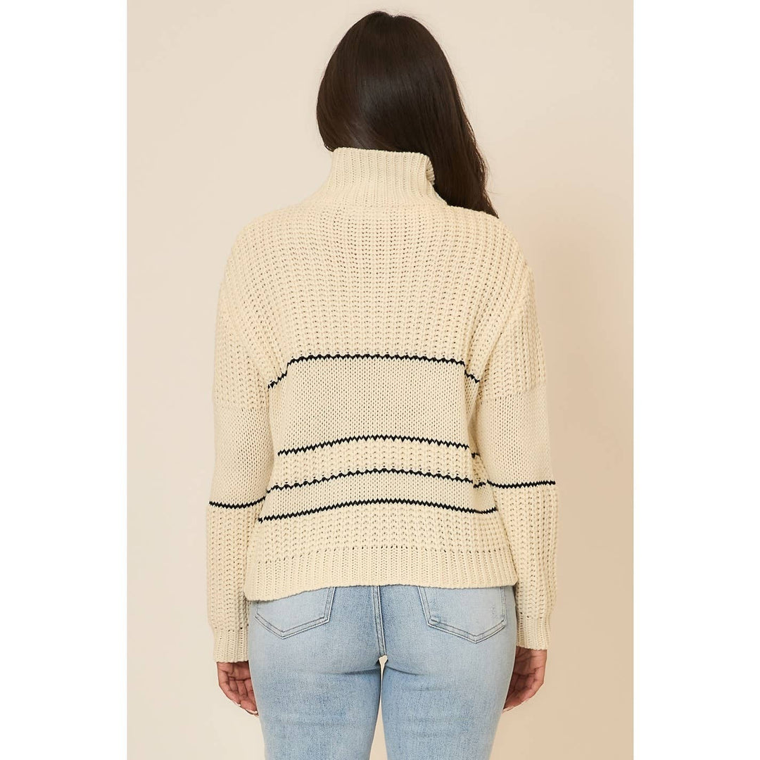 Button Up Knit Sweater with Contrast Stripes Cream3