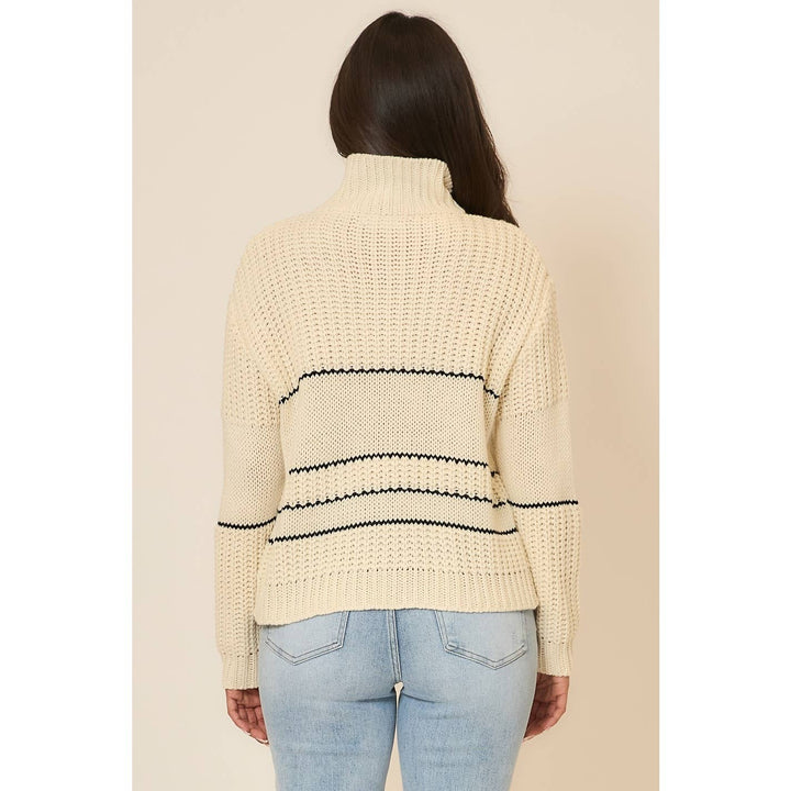 Button Up Knit Sweater with Contrast Stripes Cream3