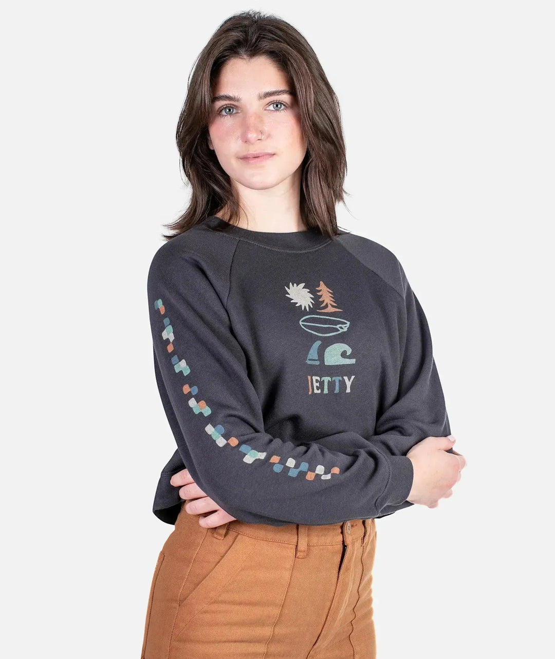 Jetty Women's Terrains Raglan Fleece Charcoal pic 2 | SoHa Surf Shop