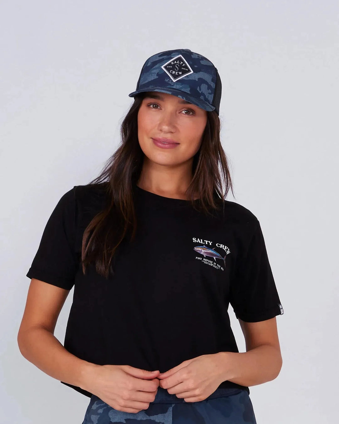 Salty Crew Women's Sealine Retro Trucker Hat Blue Camo pic 2 | SoHa Surf Shop