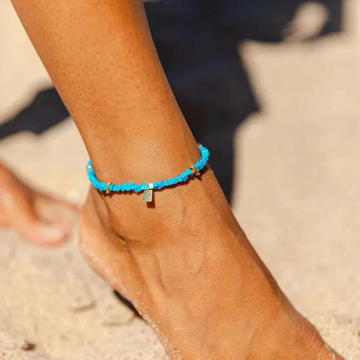 Pura Vida Turquoise Chip Stretch Anklet Gold pic 3 | SoHa Surf Shop