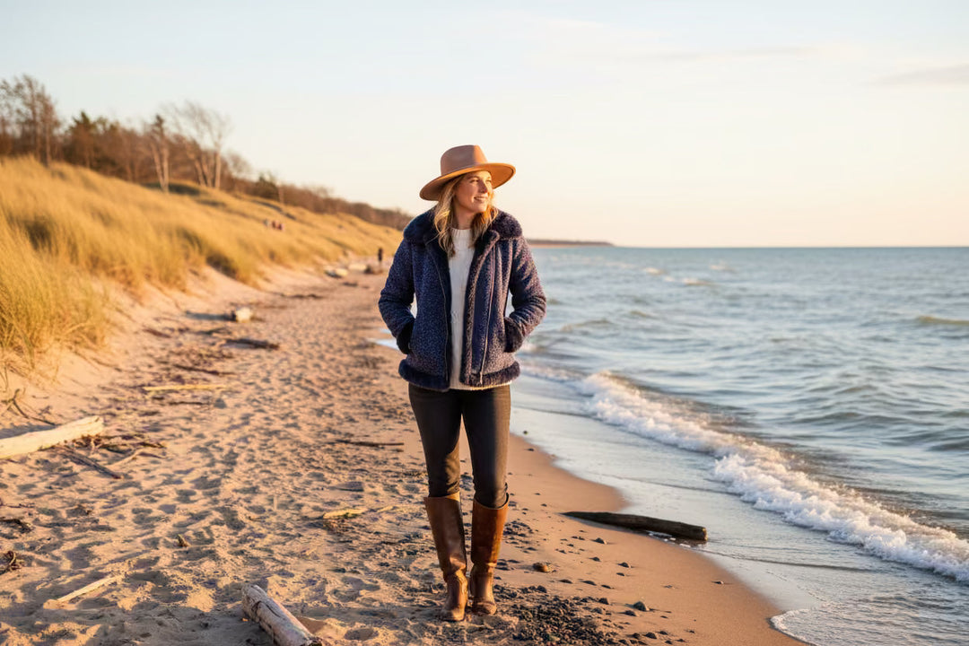 Woman in stylish outerwear on Lake Michigan shoreline in South Haven, Michigan
