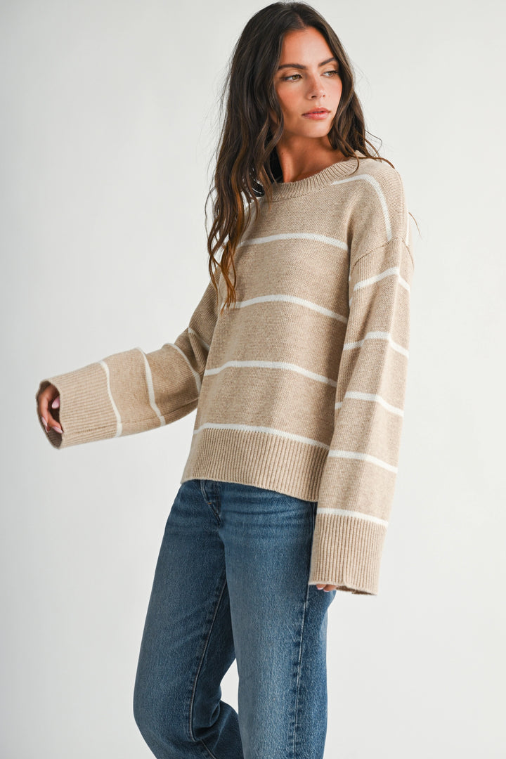 AEMI + CO - Relaxed Stripe Side Slit Sweater - Oat 