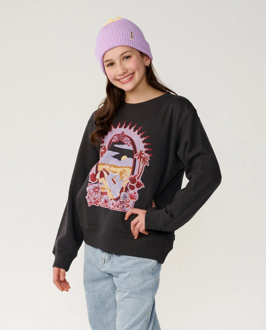 Rip Curl Girls Costa Del Sol Crew - Washed Black