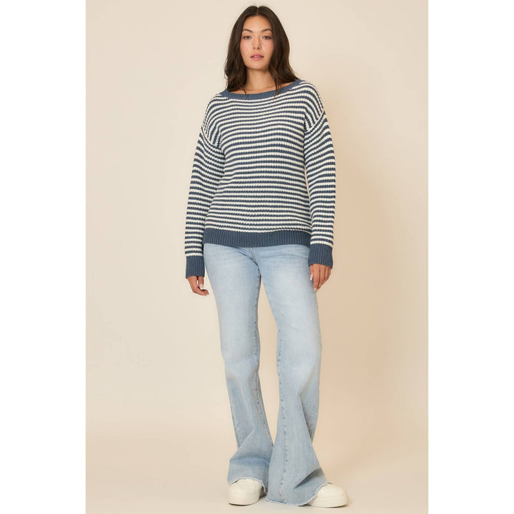 Striped Boatneck Knit Sweater with Lantern Sleeves3