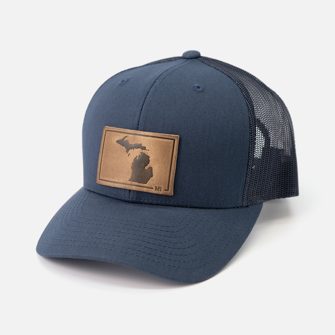 Range Leather Co. - Michigan Silhouette Hat | Leather Patch Trucker Hat in Navy