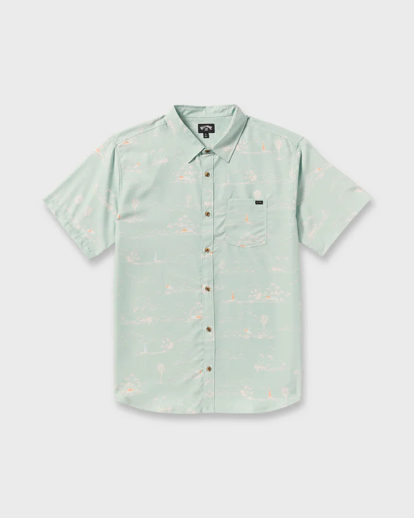 Light green short-sleeve shirt with subtle pattern on a white background