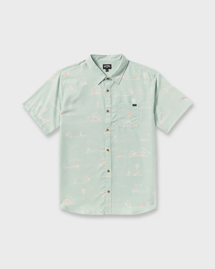 Light green short-sleeve shirt with subtle pattern on a white background