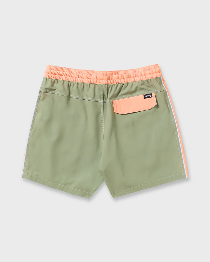 Green shorts with pink waistband and side stripe on a light gray background