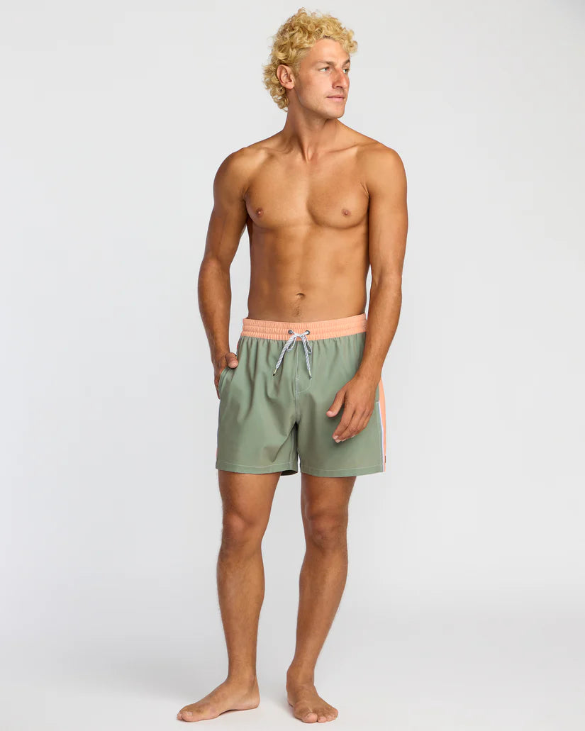 Man wearing green swim shorts on a white background
