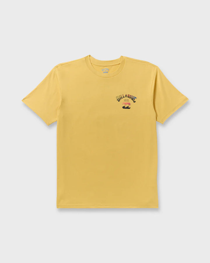 Yellow t-shirt with a logo on a light gray background