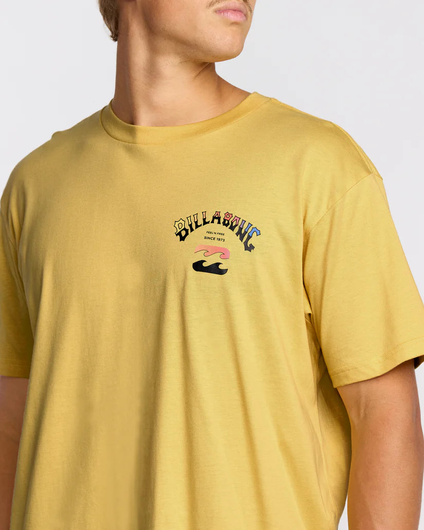 Yellow t-shirt with a brand logo on a plain background