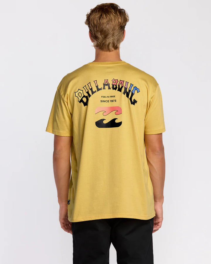 Person wearing a yellow t-shirt with Billabong logo on the back against a white background