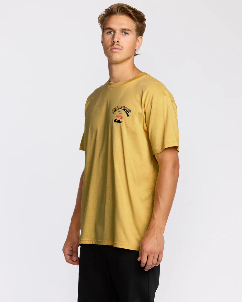 Man wearing a yellow t-shirt with a logo on a white background