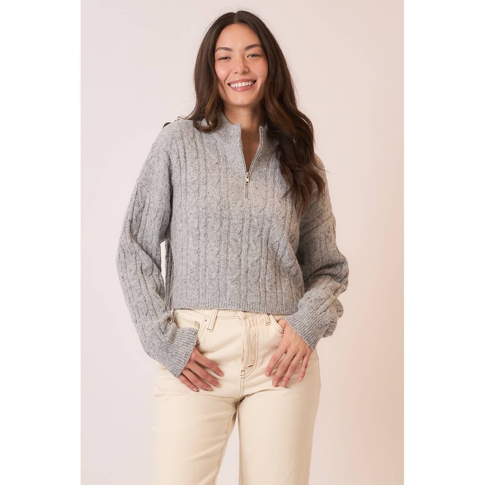 Brushed Cable Knit Zip Up Sweater