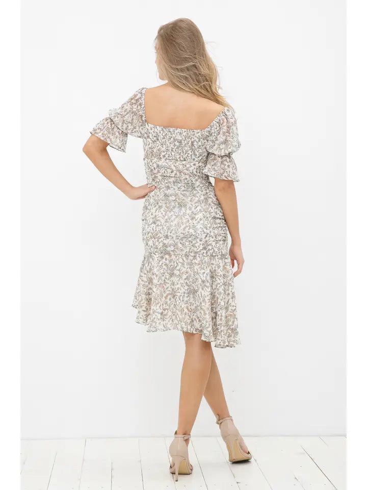 Floral Chiffon Asymmetrical Ruffle Dress