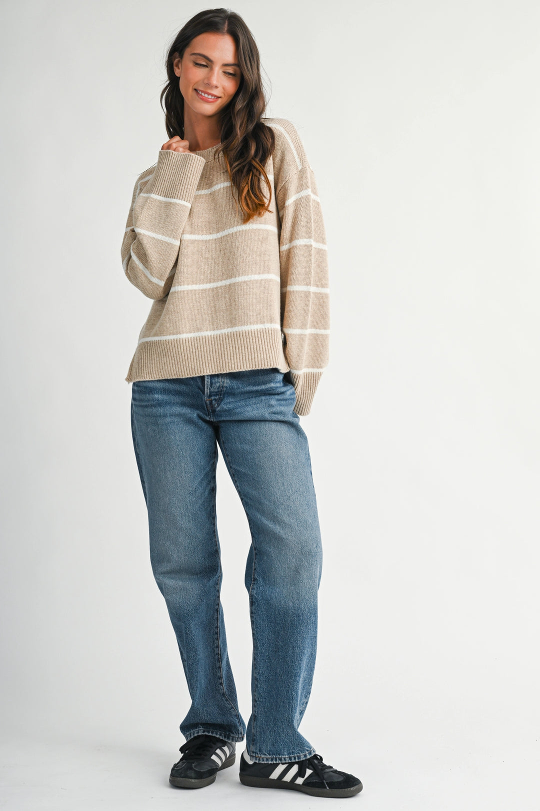 AEMI + CO - Relaxed Stripe Side Slit Sweater - Oat 1