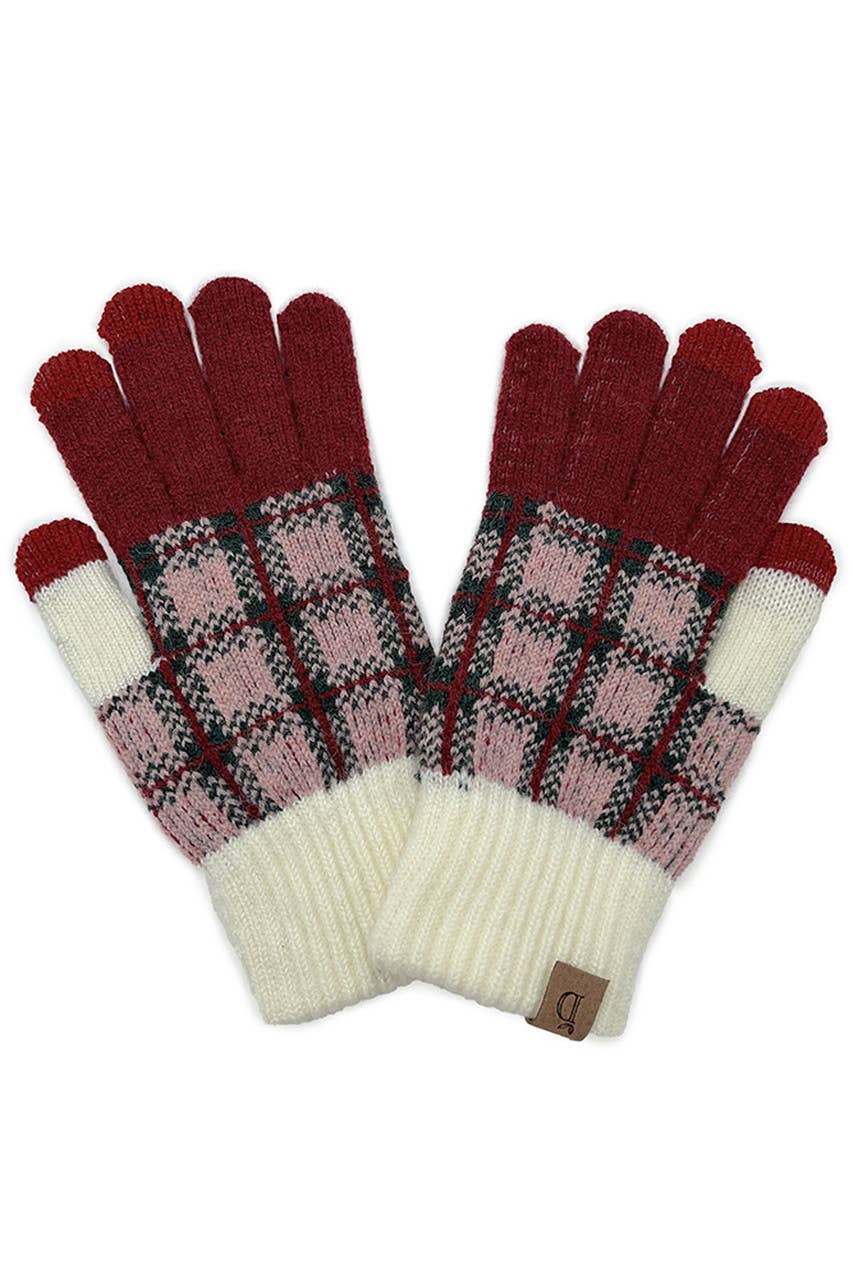 Plaid Knit Touch Gloves Burgundy