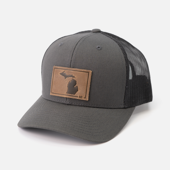 Range Leather Co. - Michigan Silhouette Hat | Leather Patch Trucker Hat in Charcoal