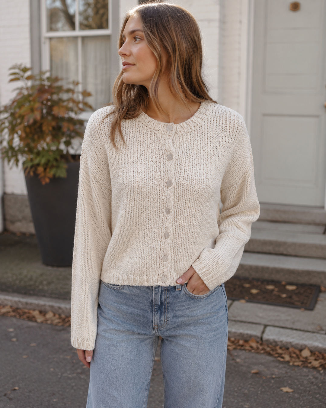 AEMI + CO - Textured Button Front Knit Cardigan Sweater - Oat