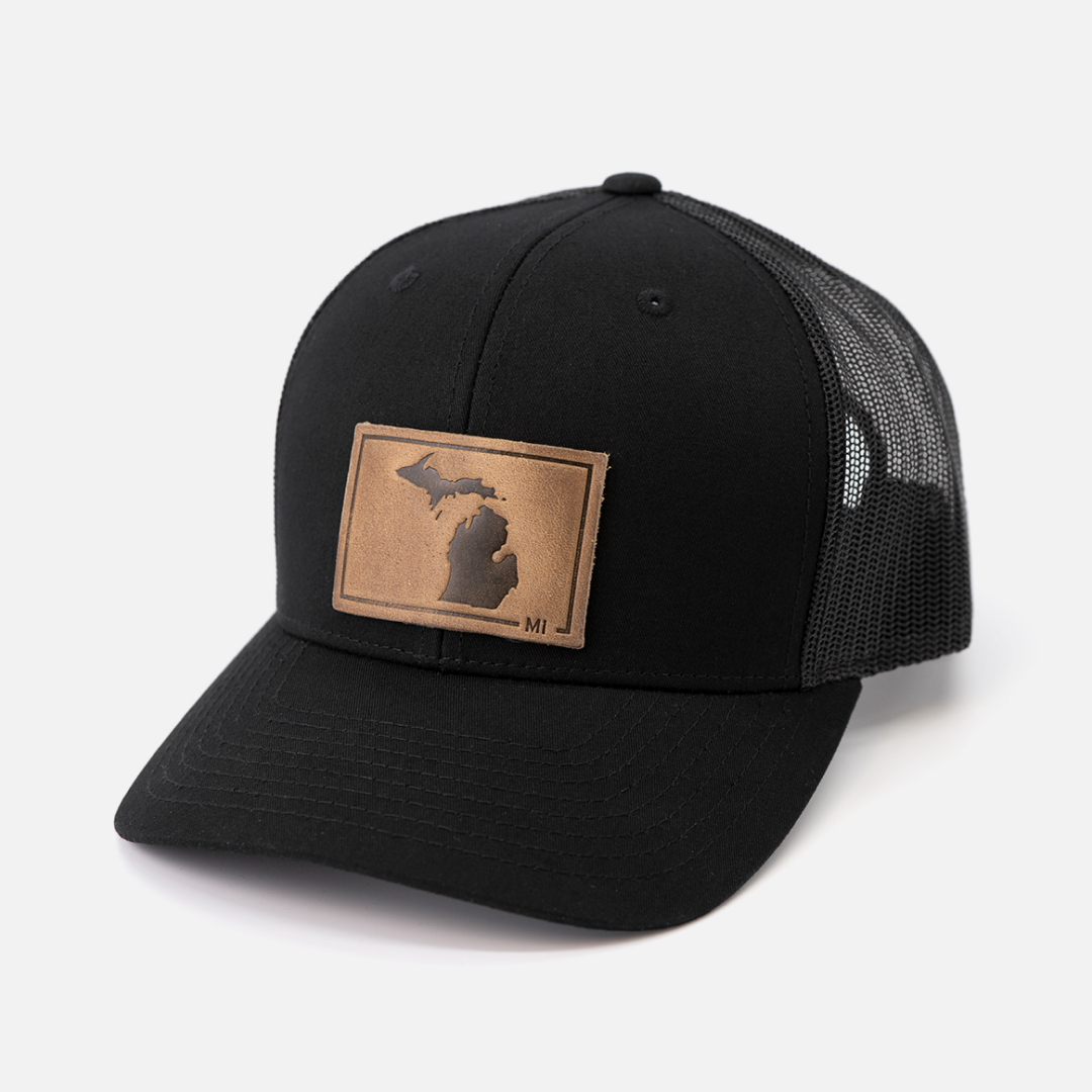 Range Leather Co. - Michigan Silhouette Hat | Leather Patch Trucker Hat in Black