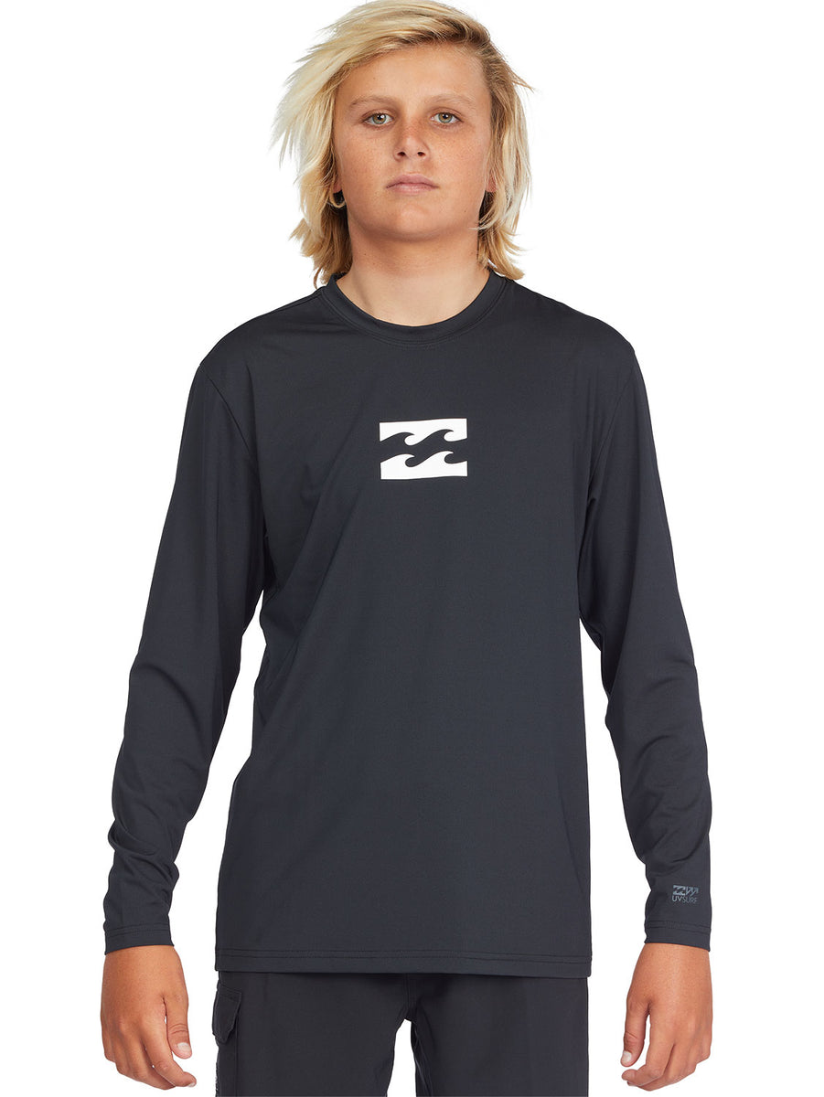 Billabong Kids' All Day Wave Long Sleeve Rash Guard - Black, front view