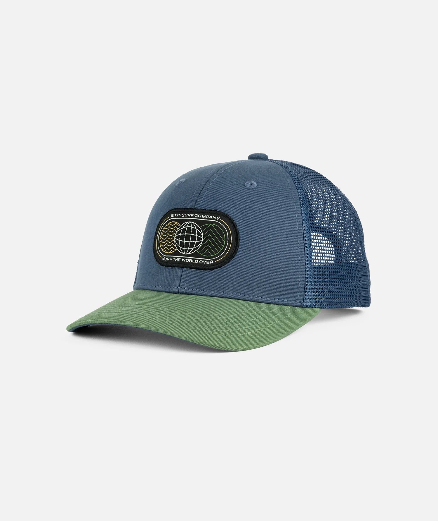 Blue and green cap with a logo on a white background