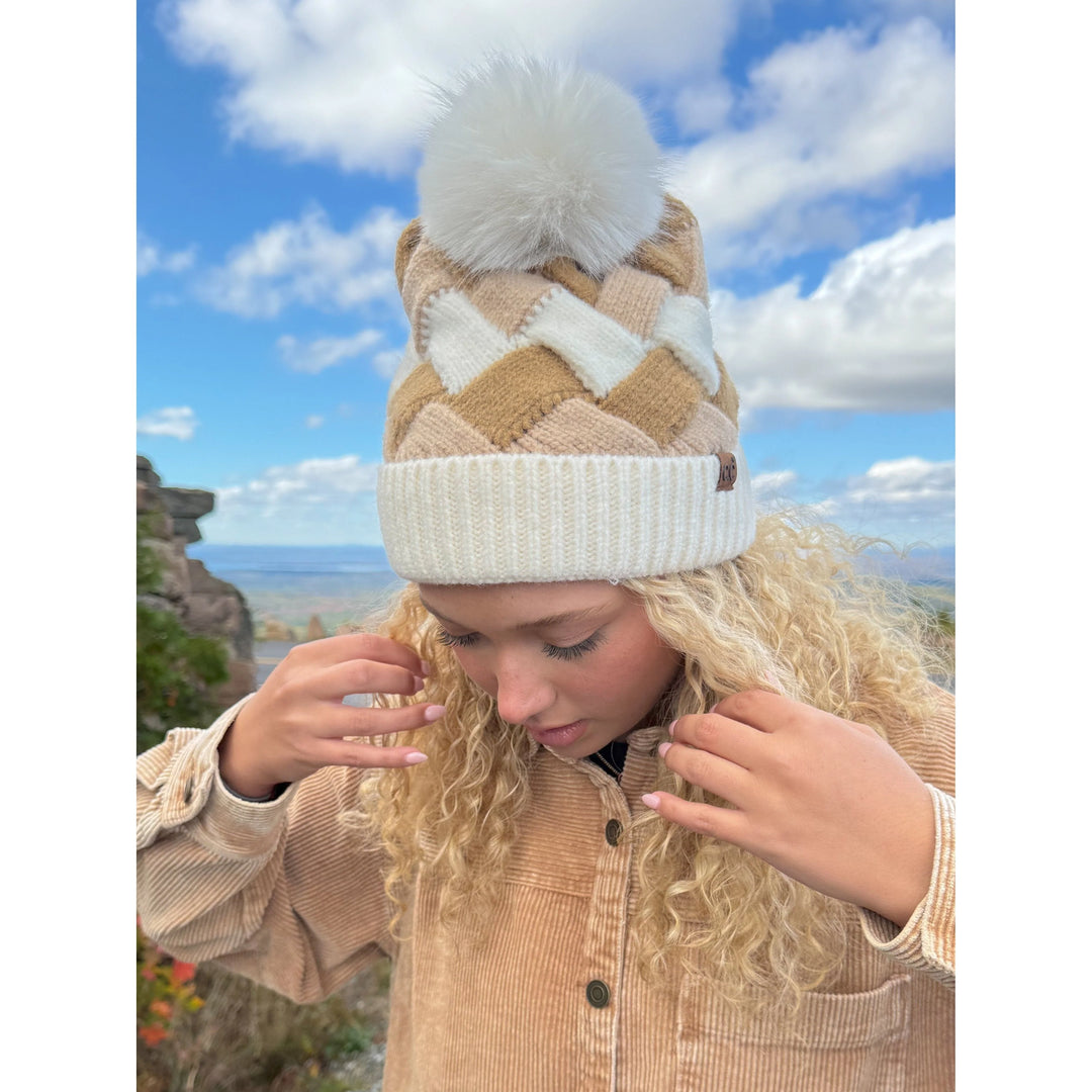 C.C Chunky Weaved Fur Pom Beanie