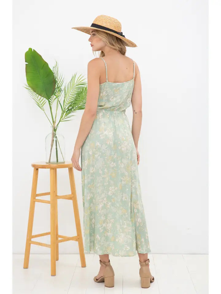 Tropical Floral Button Up Waist Cami Midi Dress