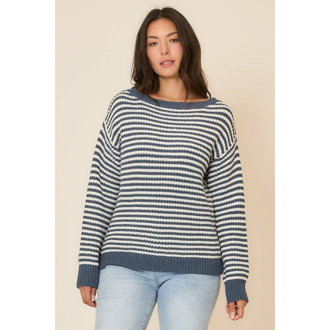 Striped Boatneck Knit Sweater with Lantern Sleeves