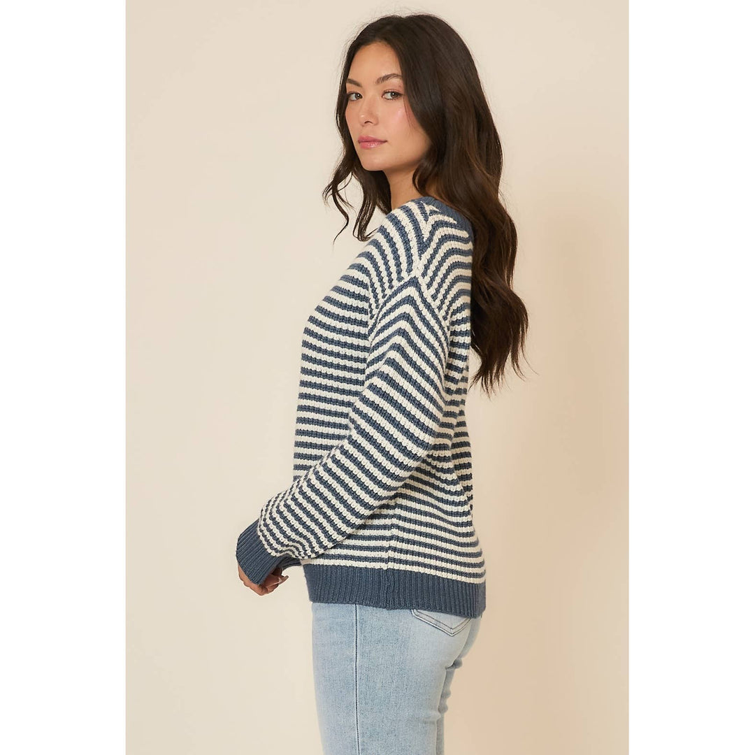 Striped Boatneck Knit Sweater with Lantern Sleeves1