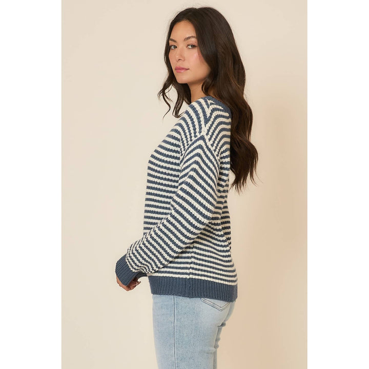 Striped Boatneck Knit Sweater with Lantern Sleeves1