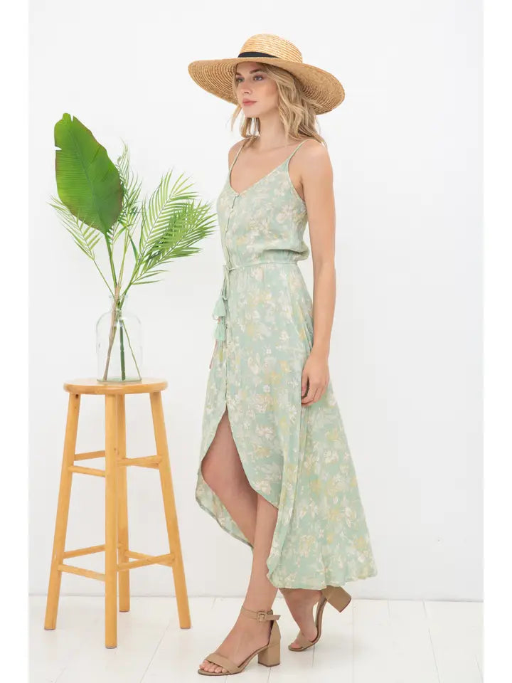 Tropical Floral Button Up Waist Cami Midi Dress