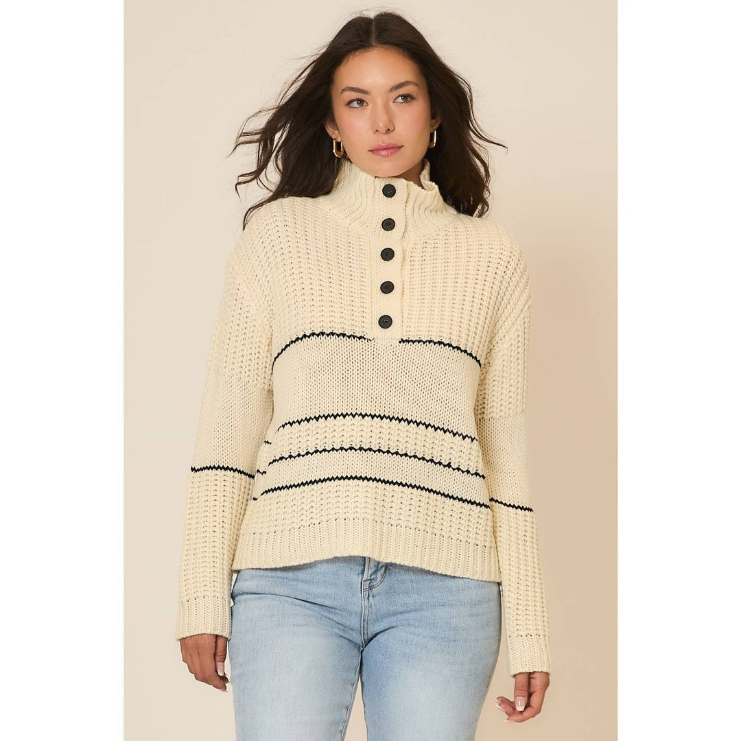 Button Up Knit Sweater with Contrast Stripes Cream