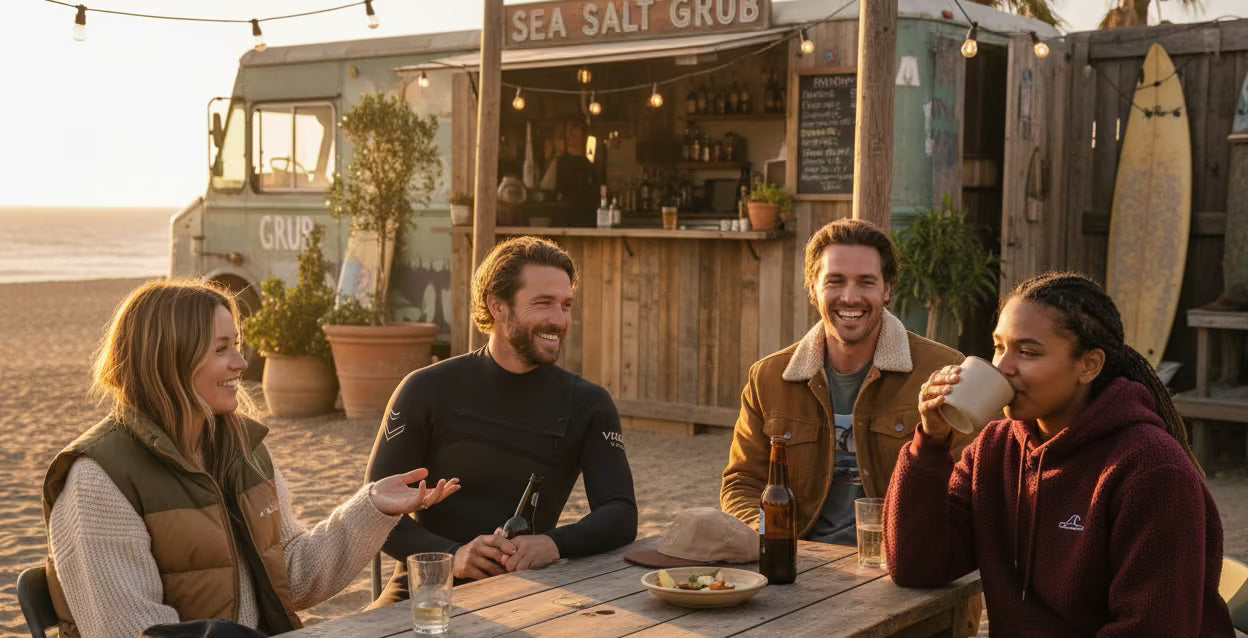Four people enjoying a meal at a food truck on a beach at sunset.