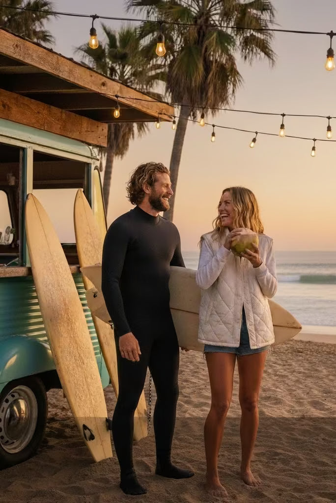 Man and woman on a beach with surfboards and a vintage van at sunset.